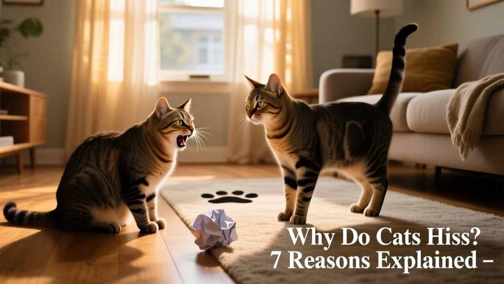 Cats observing each other cautiously across a room, one slightly crouched and hissing, the other standing still