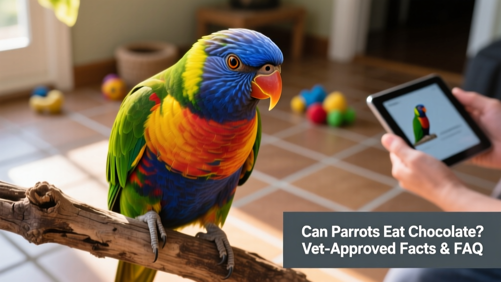 Close-up of a colorful parrot perched calmly on a wooden perch, looking alert and healthy