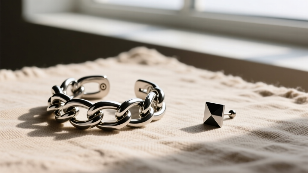 Flat lay of asymmetrical ear jewelry with a heavy left ear chain cuff and minimalist right ear stud on textured linen fabric