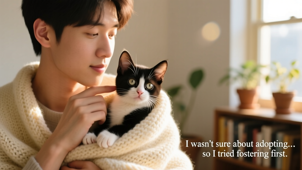 A person gently holding a young tuxedo kitten wrapped in a soft blanket, both looking calm and connected