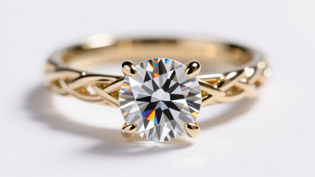 Macro shot of an 18k white gold four-prong basket setting holding a 2-carat round brilliant lab-grown diamond, studio lighting