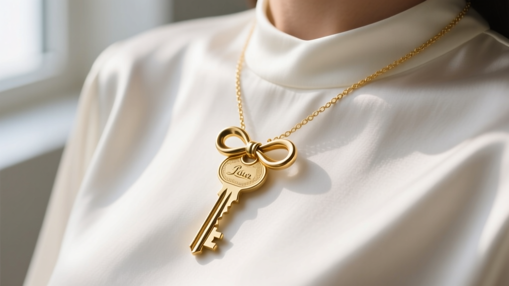 Close-up of a minimalist 14k solid gold key necklace on a silk blouse, showing intricate bow details in soft natural window light.