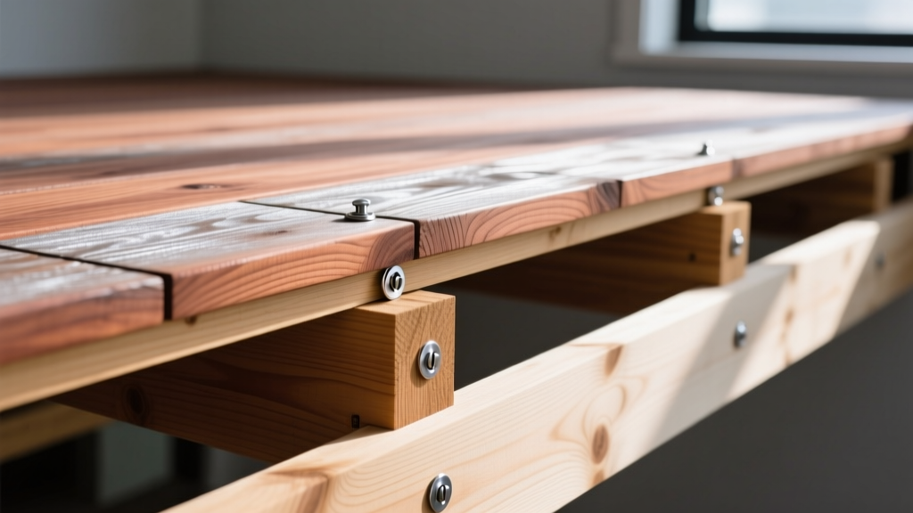 Close-up of weathered Western Red Cedar deck boards with stainless steel hidden fasteners installed over a pressure-treated pine joist frame