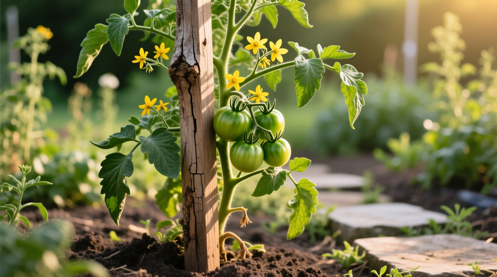 Tomato plant supported by sturdy wooden stake