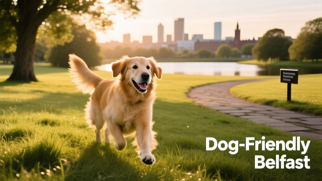 A happy dog exploring a sunlit, grassy area in a spacious Belfast park