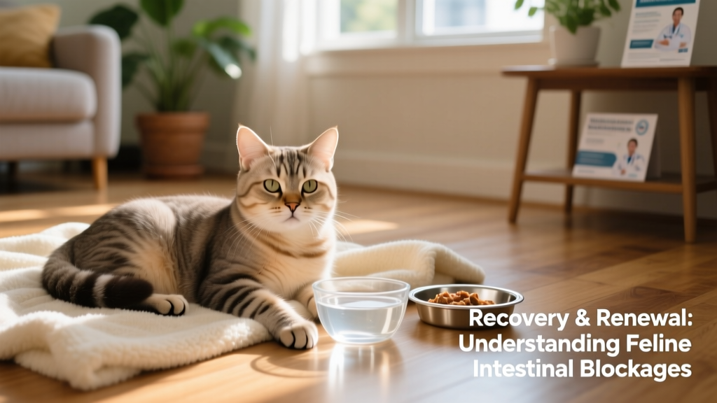 A calm, well-groomed cat resting comfortably on a soft blanket after recovery, with a water bowl and vet-approved food nearby