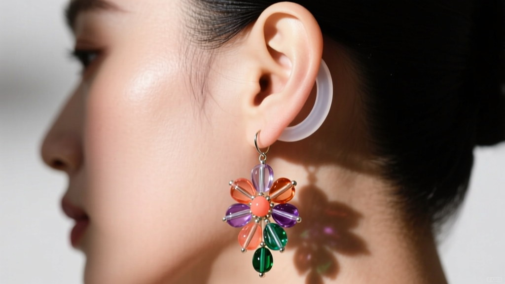 Side view of an ear wearing a heavy beaded floral drop earring supported by a clear silicone oval comfort disc behind the earlobe.
