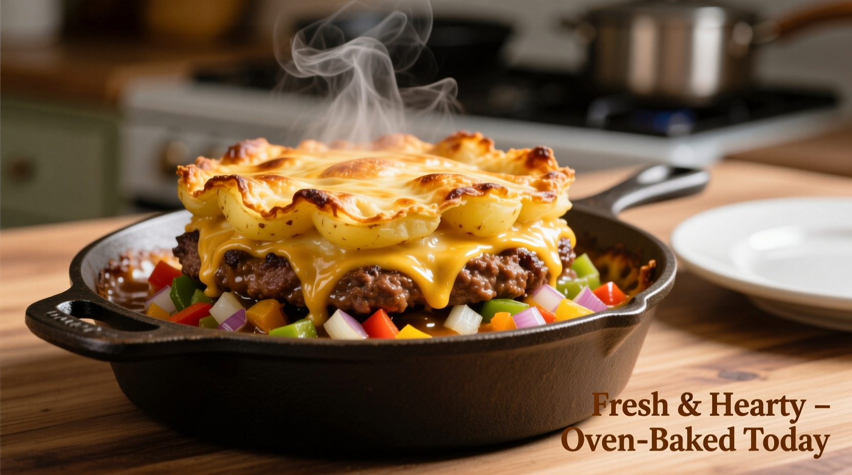 Golden potato hamburger meat casserole fresh from oven