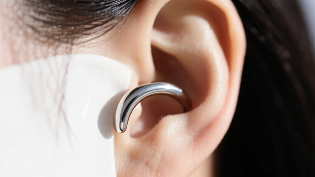 Macro shot of an 18-gauge titanium ear cuff highlighting the tension gap, smooth finish, and precise curvature for secure fit.