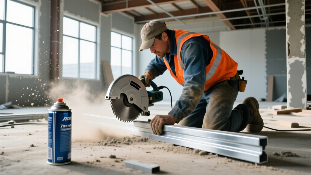 Contractor using a cold-cutting carbide saw on galvanized steel studs, with zinc-rich primer spray cans nearby on a dusty subfloor.