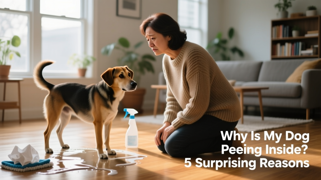 A concerned pet parent gently observing their adult dog near a freshly cleaned indoor spot