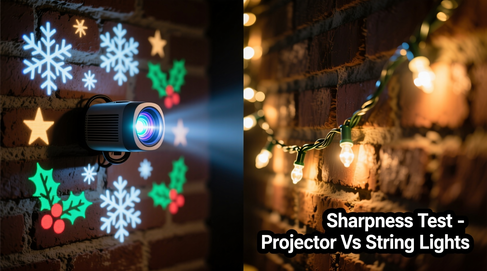 christmas light projector vs string lights which gives sharper patterns on brick walls