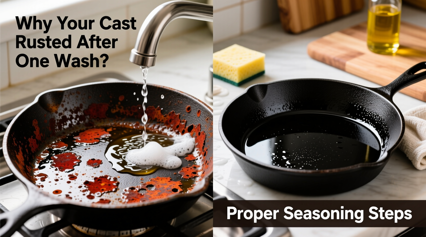 why does my cast iron pan rust after one wash proper seasoning steps