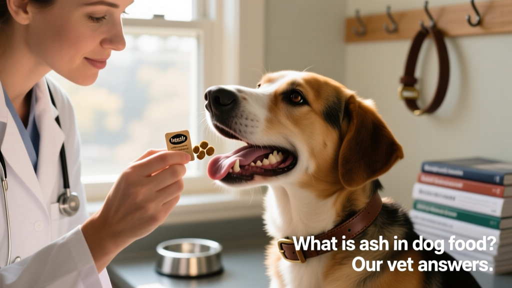 Close-up of a veterinarian examining a dog's mouth while holding a sample of dry kibble