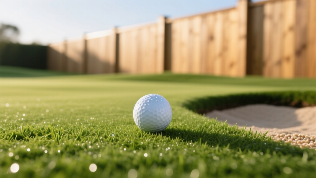 Close-up of a golf ball resting on vibrant synthetic putting green turf with a subtle sand trap and modern wooden fence in the background