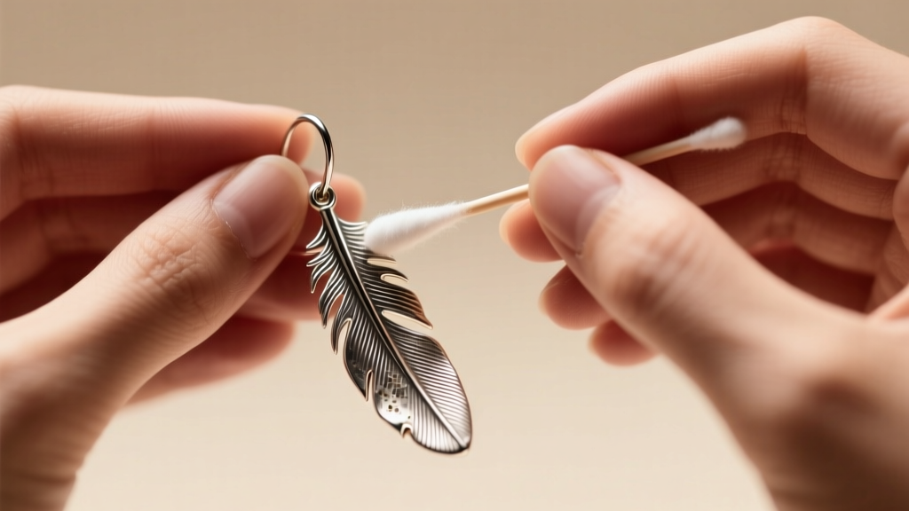 Hands using a swab with polish to clean the deep grooves of a textured sterling silver feather earring under bright, warm lighting.
