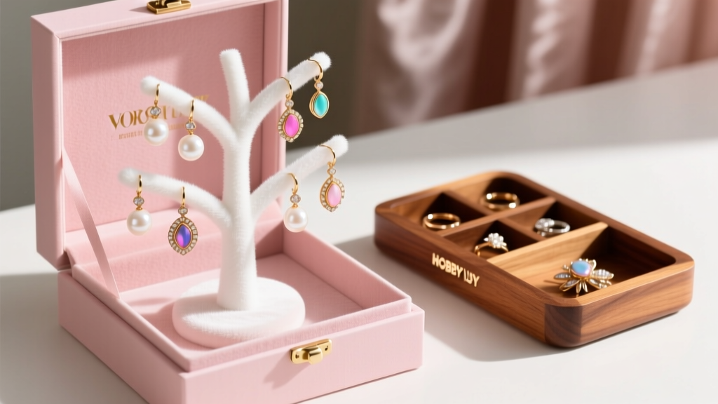 White velvet earring tree and wooden trinket tray from Hobby Lobby arranged inside a blush pink bridesmaid proposal gift box