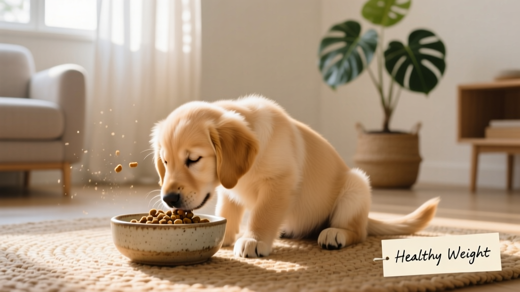 A calm, well-fed puppy eating from a shallow bowl in a quiet, sunlit space