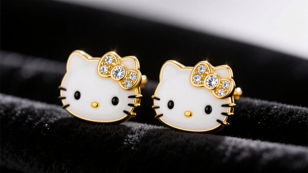Close-up of 14k yellow gold Hello Kitty stud earrings with white vitreous enamel and diamond bow, resting on black velvet fabric