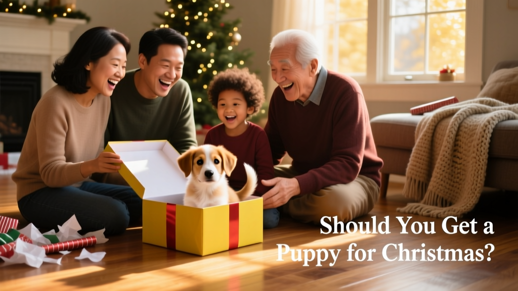 A joyful family opening a gift box with a small, wide-eyed puppy peeking out