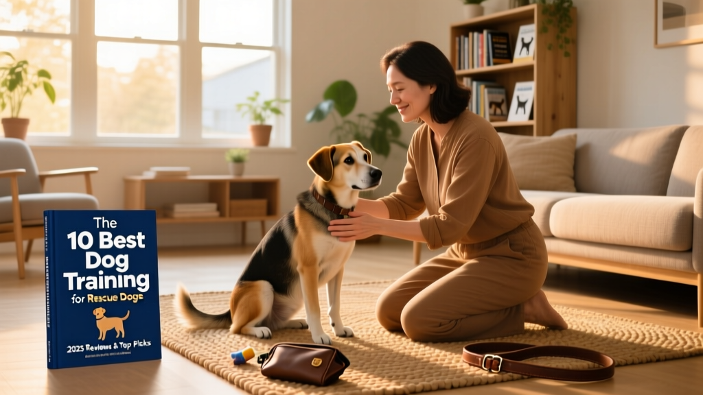A calm, gentle training session between a person and a rescue dog in a sunlit living room