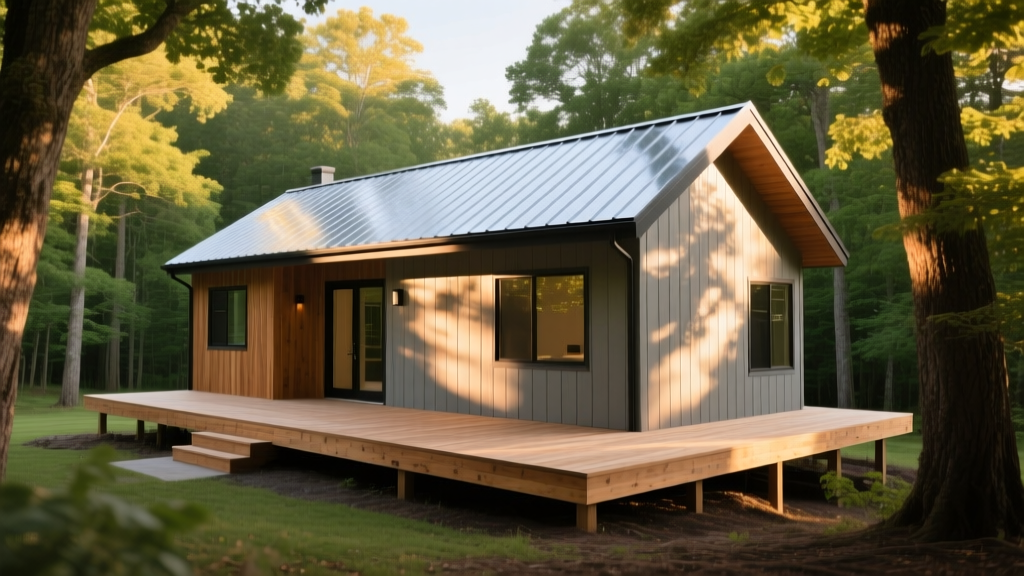 Modern 600-square-foot small home with LP SmartSide siding, a standing seam metal roof, and a wraparound wooden deck situated in a wooded lot