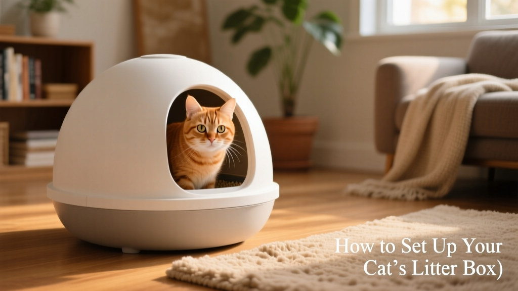 A ginger cat peering out from a modern, spherical covered litter box placed on a hardwood floor beside a cozy rug