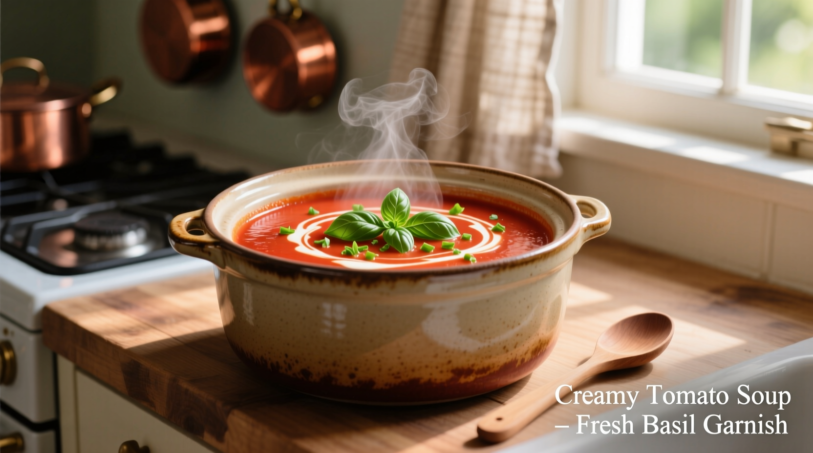 Creamy tomato soup in crock pot with fresh basil garnish