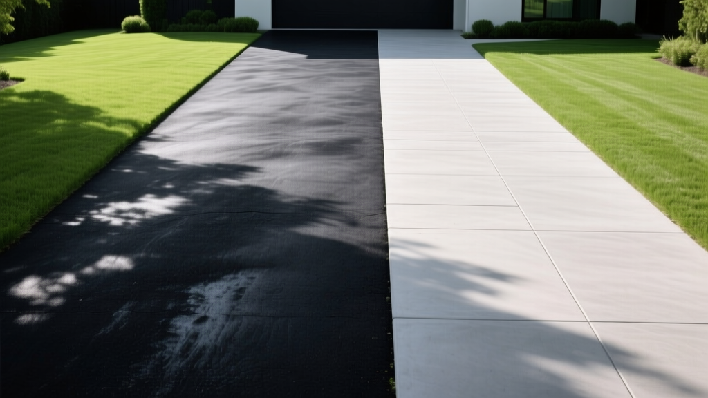 Split driveway showing dark blacktop asphalt on the left and smooth brushed concrete on the right with green lawn borders.