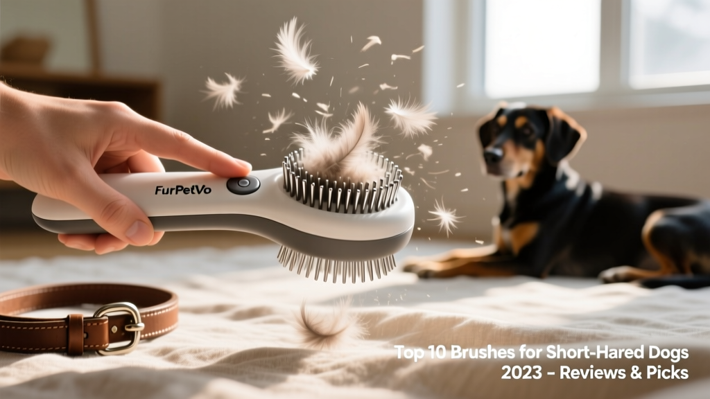 Close-up of hand pressing the self-cleaning button on the FurPetVo slicker brush, with loose fur releasing from the bristles