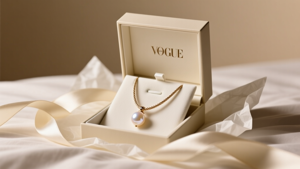 Gift box holding an adjustable silk cord necklace with a pearl pendant, resting on ivory tissue paper, warm studio lighting