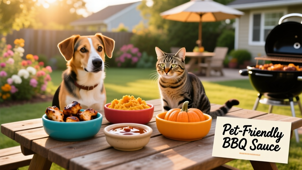 A cheerful outdoor barbecue scene with dogs and cats nearby, bowls of colorful, pet-safe food on a picnic table