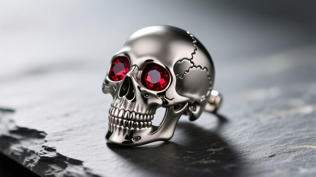 Macro shot of a matte titanium skull earring with ruby eyes on slate, side-lit to highlight cranial sutures and teeth