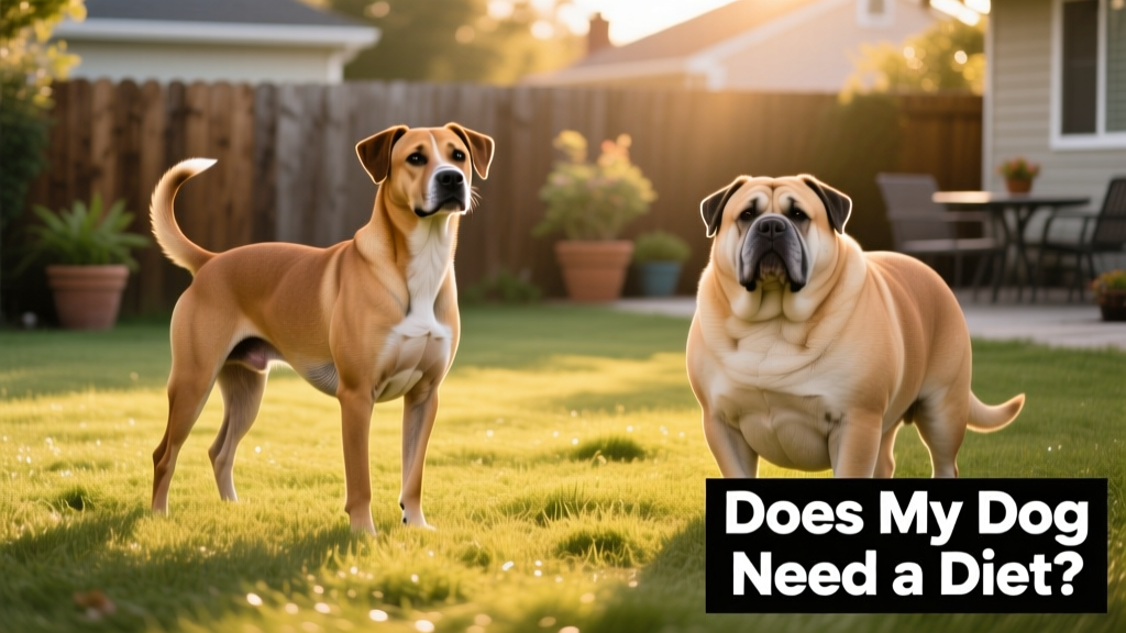 Side-by-side comparison of a healthy-weight dog and an overweight dog, highlighting visible waistline and tummy tuck in the healthy example