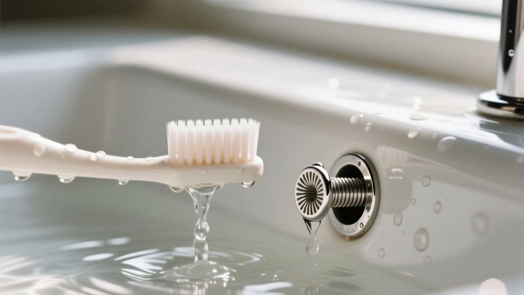Soft toothbrush scrubbing the threaded grooves of a platinum screw back earring post under warm water in a white ceramic sink.