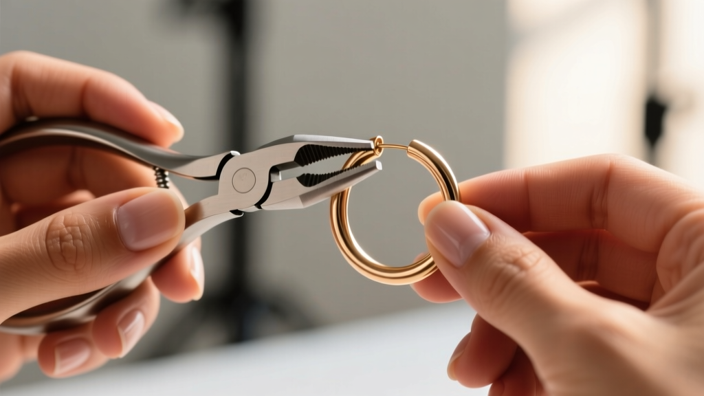 Close-up of hands using specialized ring pliers to gently expand an 18-gauge continuous endless hoop earring for easy insertion
