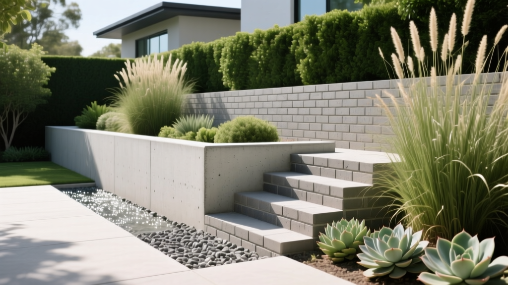Poured concrete retaining wall beside a terraced paver block wall in a modern landscaped backyard showing gravel drainage