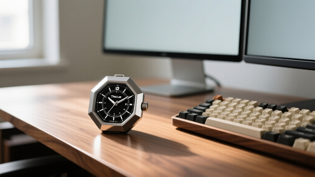 Close-up of the eight-sided Timeular Tracker resting on a walnut desk next to a mechanical keyboard and dual monitors