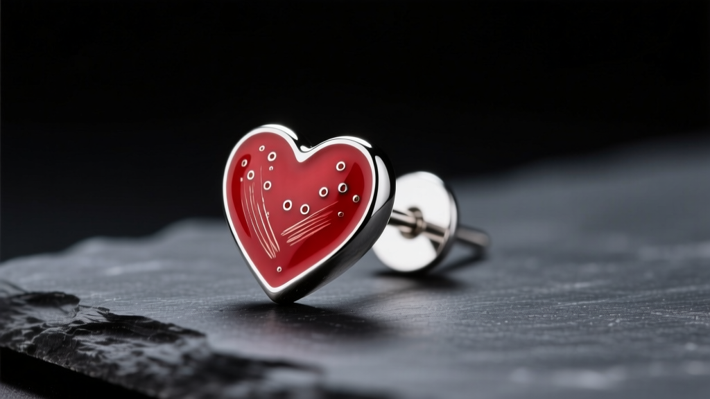 Macro shot of a 20-gauge sterling silver stud featuring a vivid enamel red heart earring on dark slate under soft studio light.