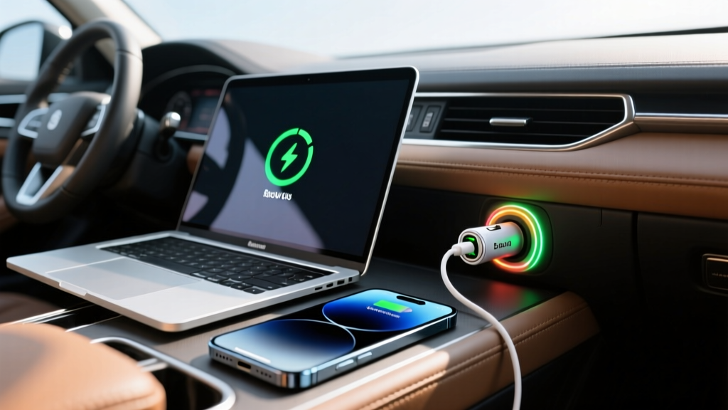 Baseus 160W USB-C car charger plugged into a vehicle 12V socket charging a MacBook Pro and iPhone with glowing LED indicators