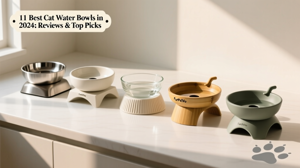 Side-by-side photo of five different FurPetVo cat water bowls on a clean countertop, highlighting varied shapes and materials
