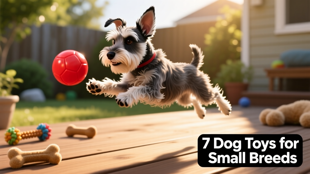 A miniature schnauzer leaping mid-air to catch a bright red rubber ball