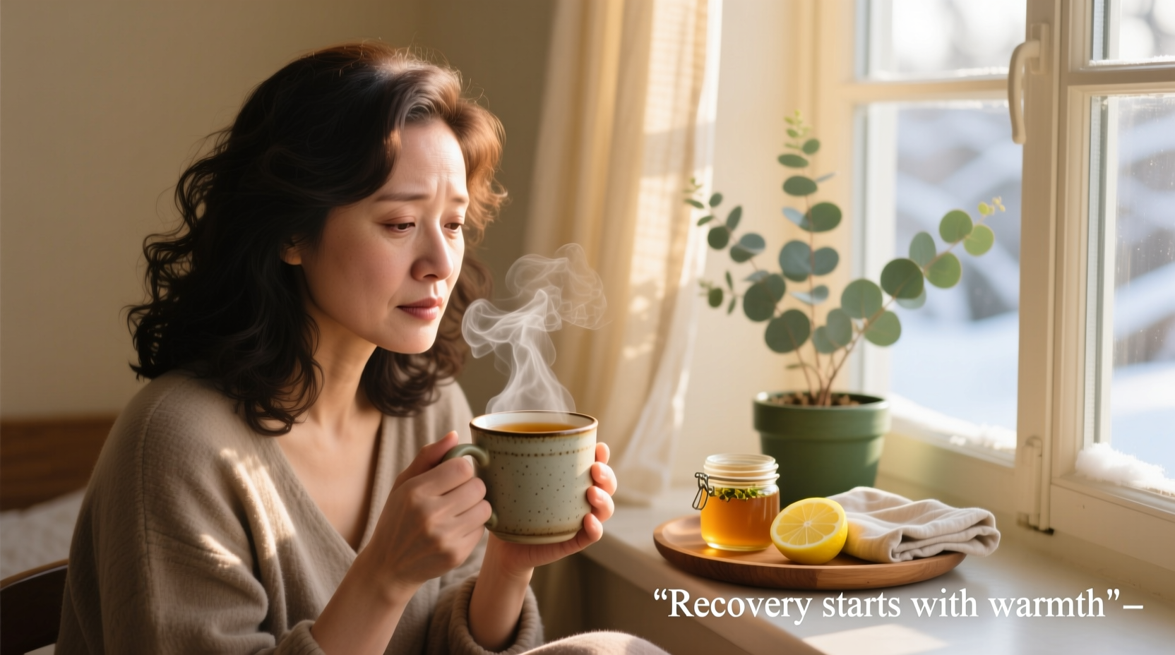 Woman drinking warm herbal tea for cold recovery