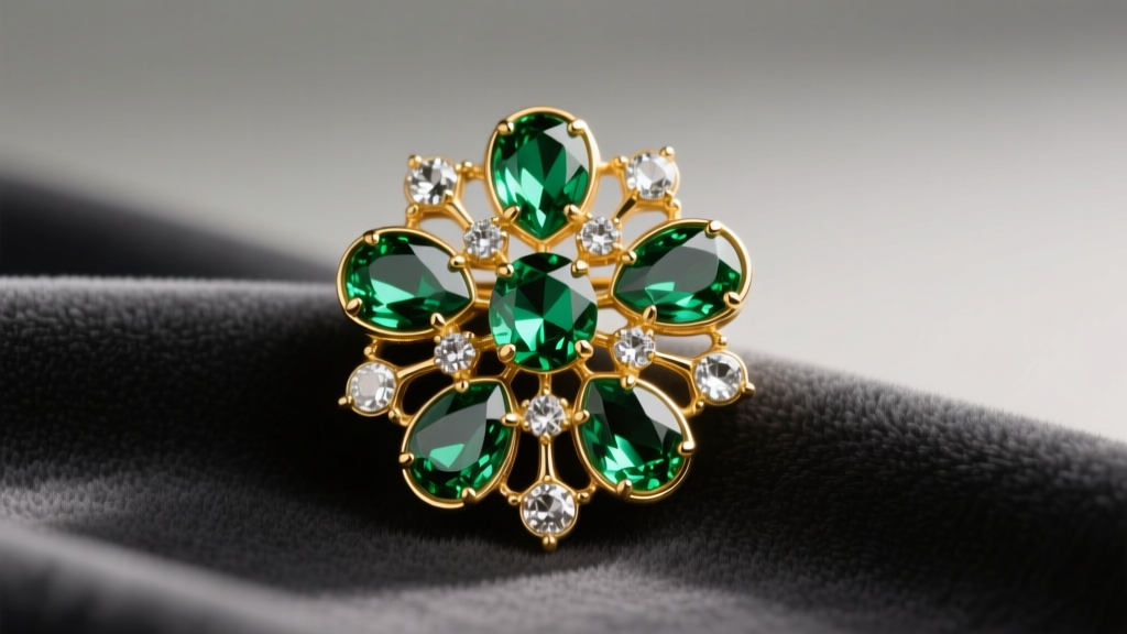 Vintage gold-plated costume brooch with emerald glass rhinestones resting on a microfiber cloth under soft, warm studio lighting.