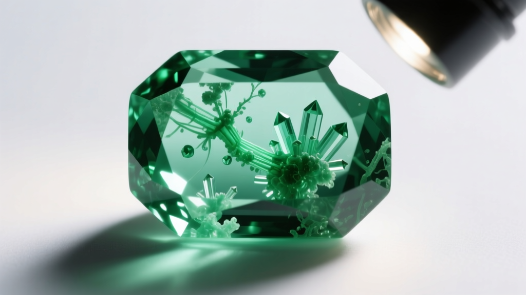 Macro shot of a natural emerald showing internal jardin inclusions, illuminated by a gemologist
