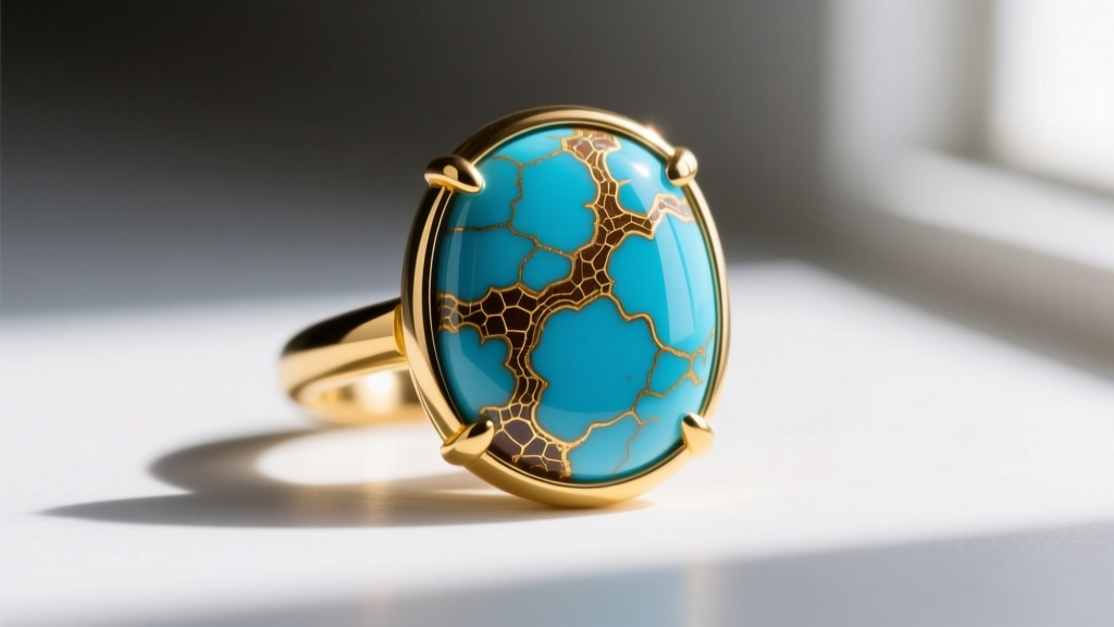 Macro shot of a single Kingman turquoise cabochon showing intricate golden-brown matrix webbing, set in a 14k yellow gold bezel.