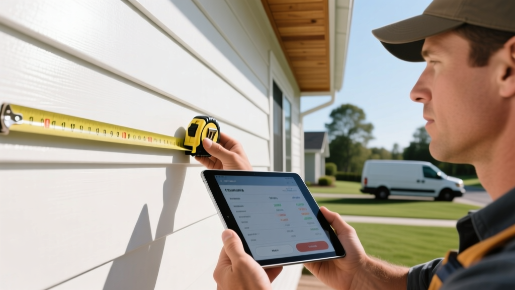 Contractor measuring white vinyl clapboard siding on a home exterior with a tape measure and tablet to calculate precise material costs