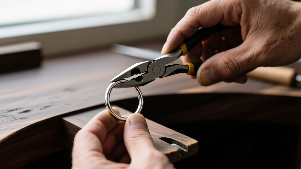 Macro shot of hands using flat-nose pliers to twist a 20-gauge sterling silver jump ring on a dark wooden jeweler