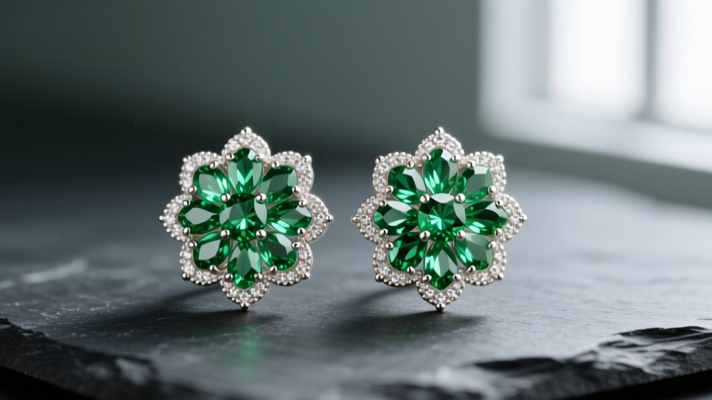 Macro photo of 14k white gold green cluster earrings with vibrant tsavorite garnets in a floral motif on a dark slate surface