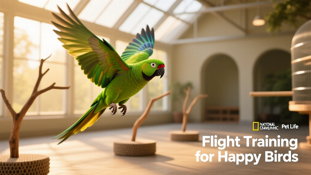 A vibrant green conure mid-flight in a sunlit, open indoor space with soft landing perches visible